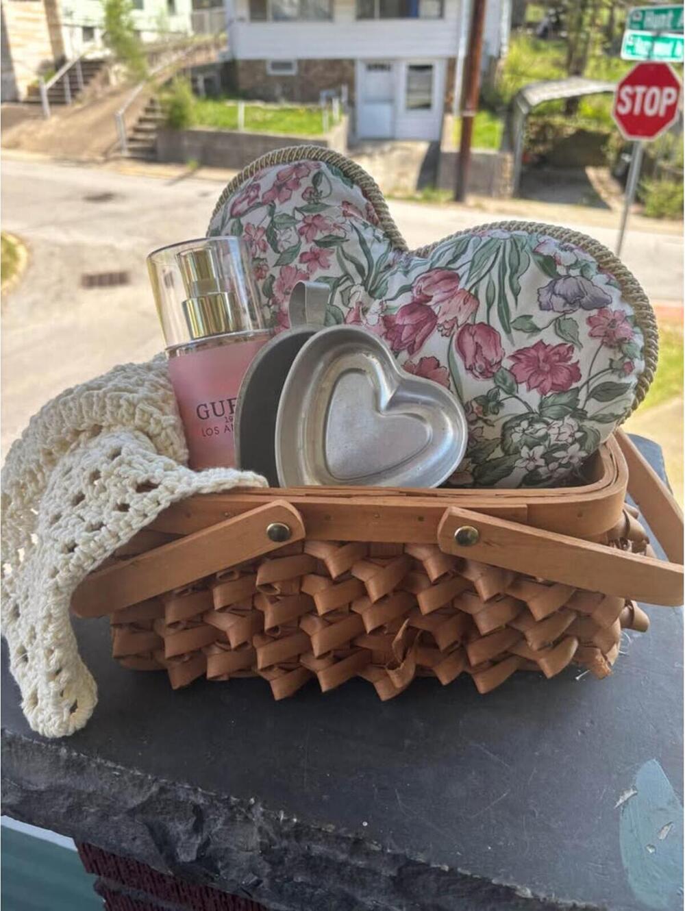 Cute Basket with Guess Perfume, Heart Molds & Floral Pillow Mother’s Day
